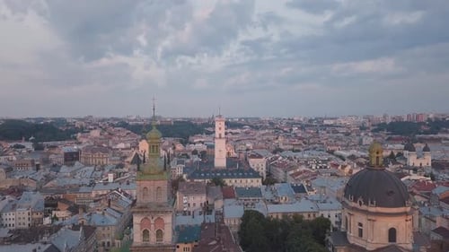 Aerial City Lviv, Ukraine. European City. Popular Areas of the City. Town Hall