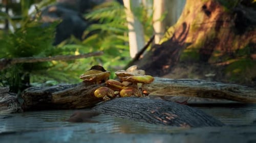 Mushrooms in the forest and mud. 4K cinematic