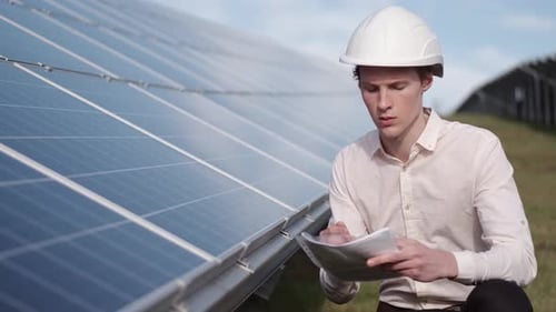 A Man Is Checking the Solar Power Panel at the Plant