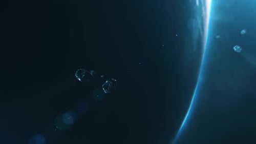 Cosmic Asteroid Field Fly-Through Transition with Lens Flare Reveal