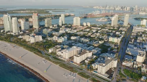 Miami South Beach Tropical Nature at Sunrise, Aerial View on White Sand Beach