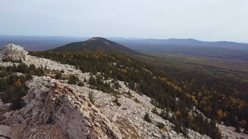 Stone Run on Mountain in Fall. Aerial View From Drone of Loose Rocks on the Ural Ridge in Autumn
