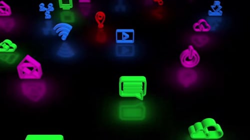 Animated Neon 3D Digital Icons Flowing Loop