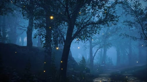 Enchanted Forest Scene with Mystical Fireflies and Fog