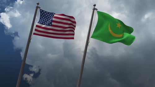 USA and Mauritania Flags Waving Together in Wind