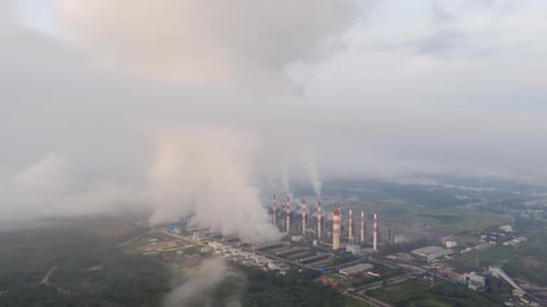 Aerial view, morning coal power plant.
