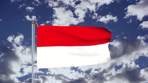 Waving Indonesian Flag Against Cloudy Blue Sky