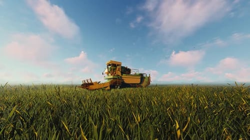 Realistic 3D Animation of Combine Harvester in Green Field