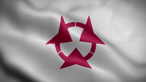 Waving White Flag with Red Abstract Geometric Symbol