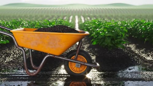 Yellow wheelbarrow pushed through the garden on wet soil. Looping animation 4KHD