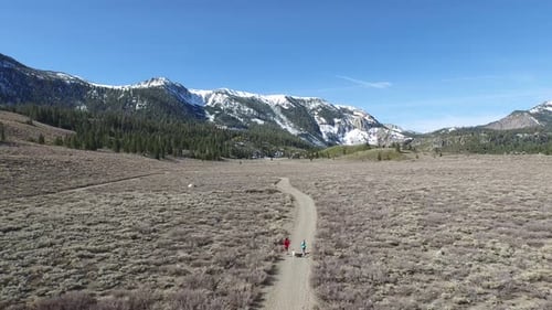Aerial shot of a young man and woman trail running with dog on scenic mountain trail