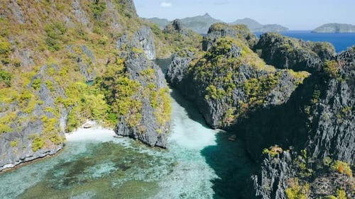 Aerial Footage of Big Lagoon with Sharp Rocks and Clear Blue Water in ElNido Palawan