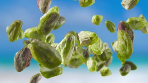 Pistachios Floating on Blue Background