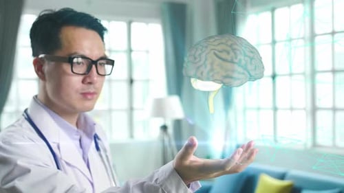 Doctor Holding Brain Hologram in Office