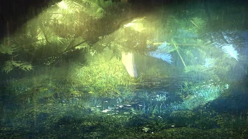 Rain Falls By The Lake In Dense Woodland, Lights In The Middle Of A Cold Rainy Night