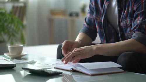 Man Calculating Expenses for Utilities, Planning Family Budget, Credit Payment