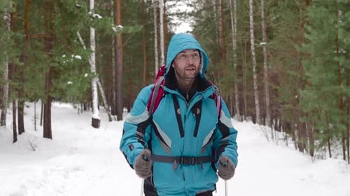 Human with Backpack Walk Throw the Winter Forest