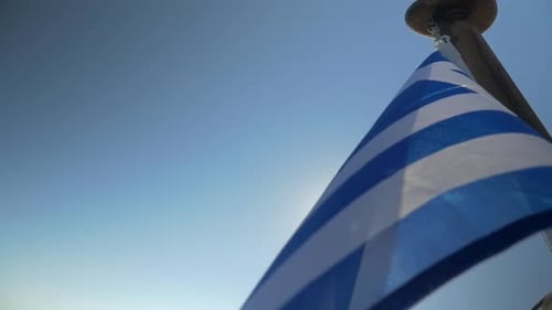 Greek Flag Waving in the Wind, Sunny Day