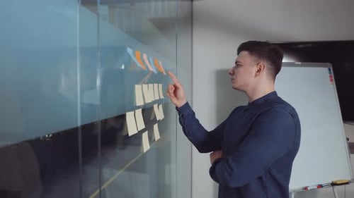 Chef de projet vérifiant le flux de travail des projets sur le tableau Kanban dans Office