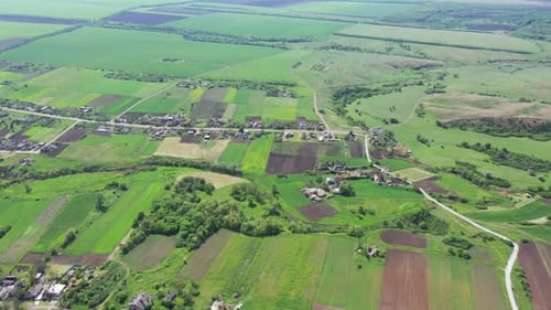 Aerial View of Village Surrounded by Green Fields