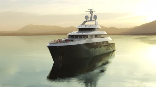 Big, luxury yacht sailing in the atmospheric lake or sea near the coastline. 4K