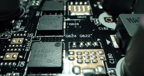 Macro Dolly Shot Side View of a Computer Electrical Circuit with Cip Slots Microchip and