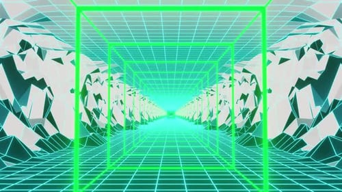 Vj Loop Background With Green Neon Square And Blue Mountain 4K