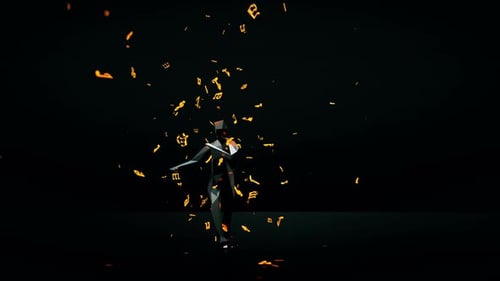 Geometric Dancer Exploding into Golden Music Notes