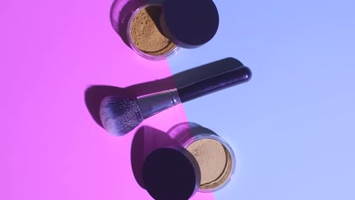 Make Up Concept. Top View of Makeup Brush with Face Powder