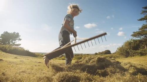 Boy Using Rake On Grass In Sunny Meadow