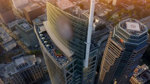 Cinematic urban aerial time lapse of downtown Los Angeles skyline.