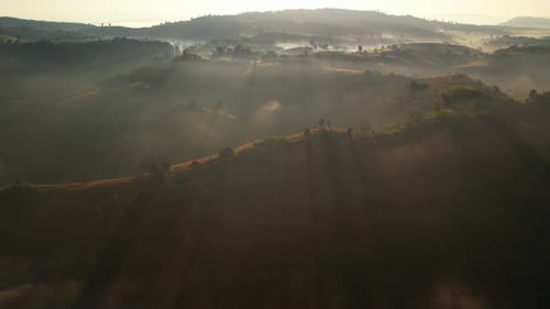 4K Aerial view of Mountains landscape with morning fog.