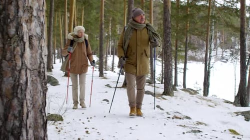 Senior Couple Hiking Through Snowy Winter Forest