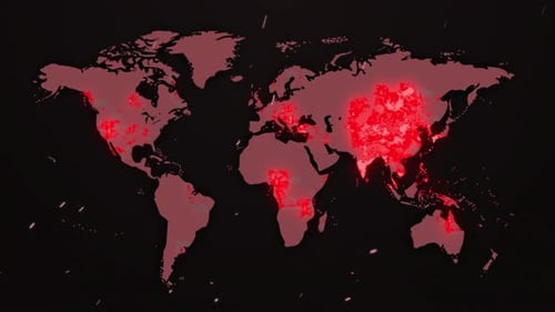 Words Covid-19 Pandemic Infection Rates written over world map showing global spread of Covid-19
