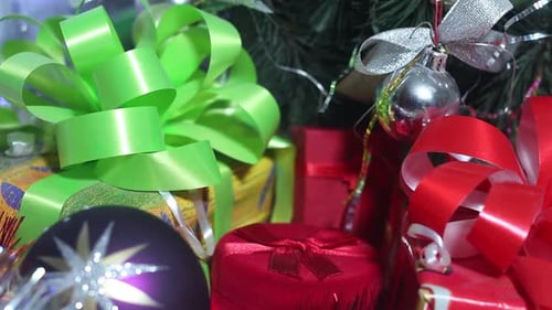 Festive Christmas Ornaments and Gifts Close Up