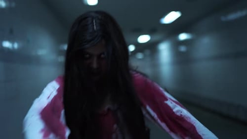 Scary Woman with Blood in Dark Tunnel