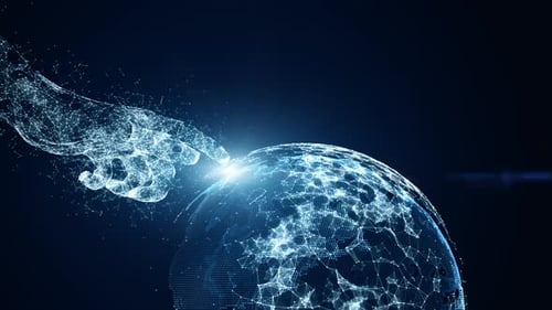 Digital Hand Interacting with Futuristic Global Network Technology