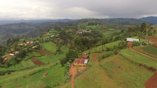 Aerial view of a village on highlands in Uganda