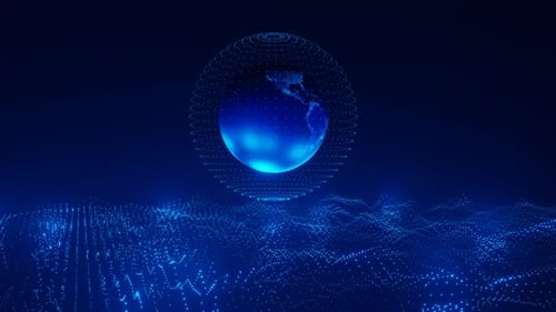 Artistic infographics binary numbers tunnel and Earth globe rotation. Technology Network