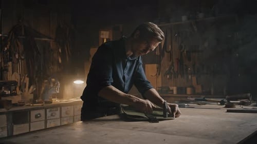 Professionelle Schneiderei, die Nähte auf handgefertigtem Lederetui schlägt, Originalzubehör