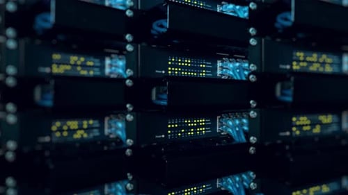 Close-up View of Modern Internet Network Switch With Plugged Ethernet Cables. Blinking Lights on