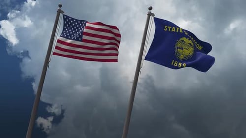Waving Flags Of The United States And The Oregon State 4K