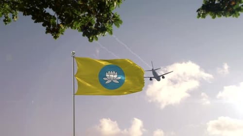 Drapeau de Kalmoukie avec avion et ville - rendu 3D