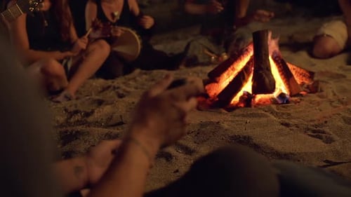 Friends Speaking Smiling Playing on Instruments Sitting Near Bonfire at Night Beach
