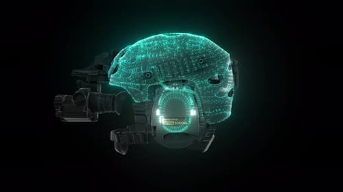 Futuristic Tactical Helmet with Glowing Holographic Scan Animation