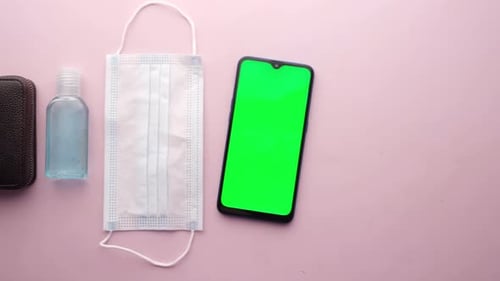 Phone with Green Screen, Mask, Hand Sanitizer, Wallet