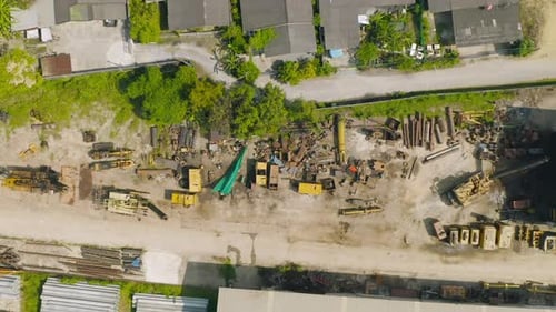 Aerial top view of factory industry. Electricity tower building in energy, transportation, logistic