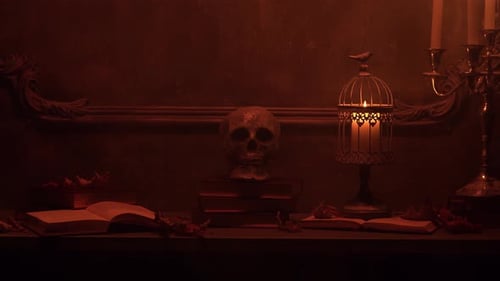 Mystischer Halloween-Stillleben-Hintergrund. Schädel, Kerzenständer mit Kerzen, alter Kamin.