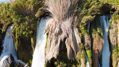 Top View of a High Waterfall Falling Into the Mediterranean Sea. Clean Ecology