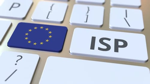 ISP or Internet Service Provider Text and Flag of the EU on Keyboard